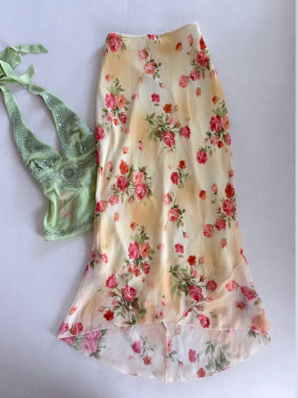 Vintage Kare City Floral Maxi Skirt Cream Pink Rose Print Cottagecore - Picture 7 of 7